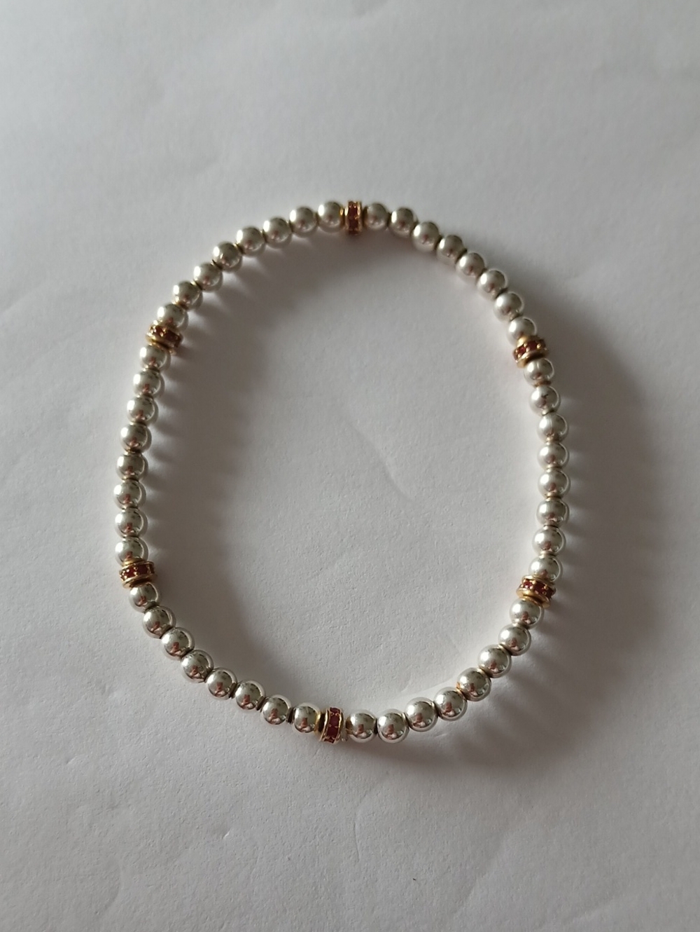 Sterling Silver 925 Beaded Bracelet with Gold And Ruby Red Accents
